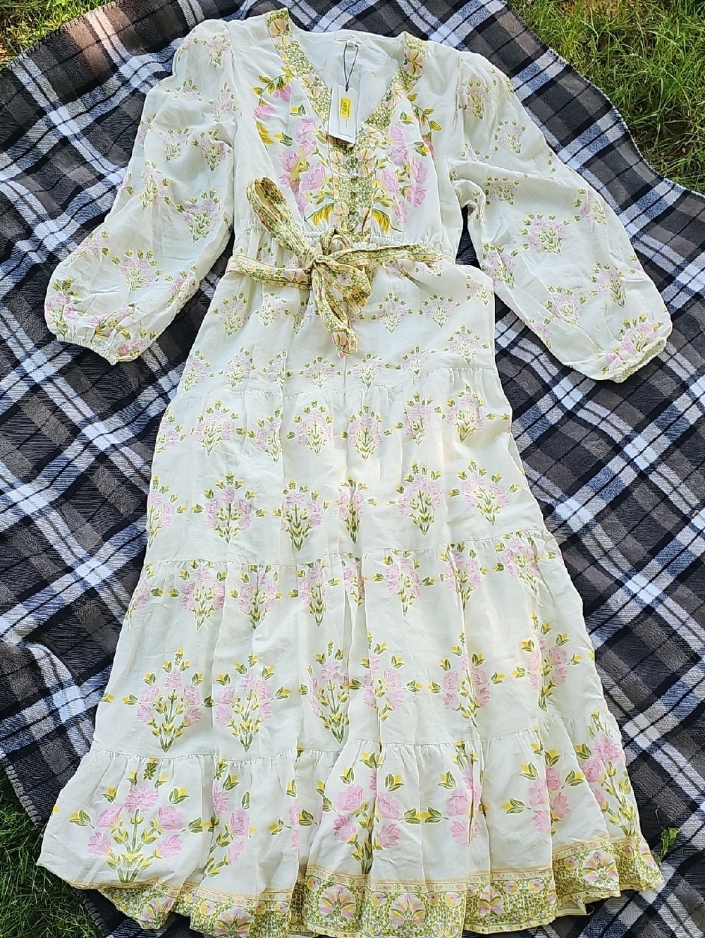 Ivory Floral Maxi Dress with Pink & Green Accents